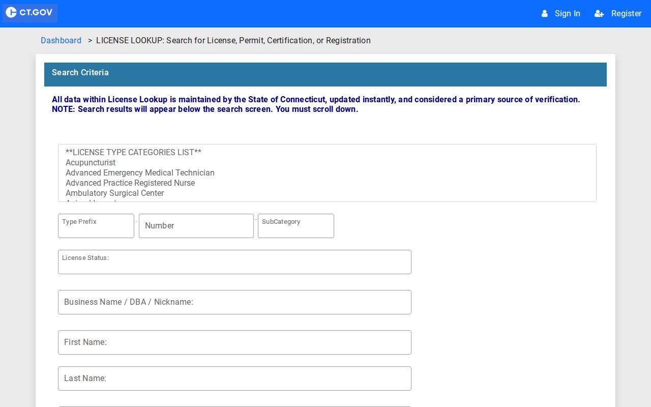 Bristol resident lookup Connecticut eLicense credential search
