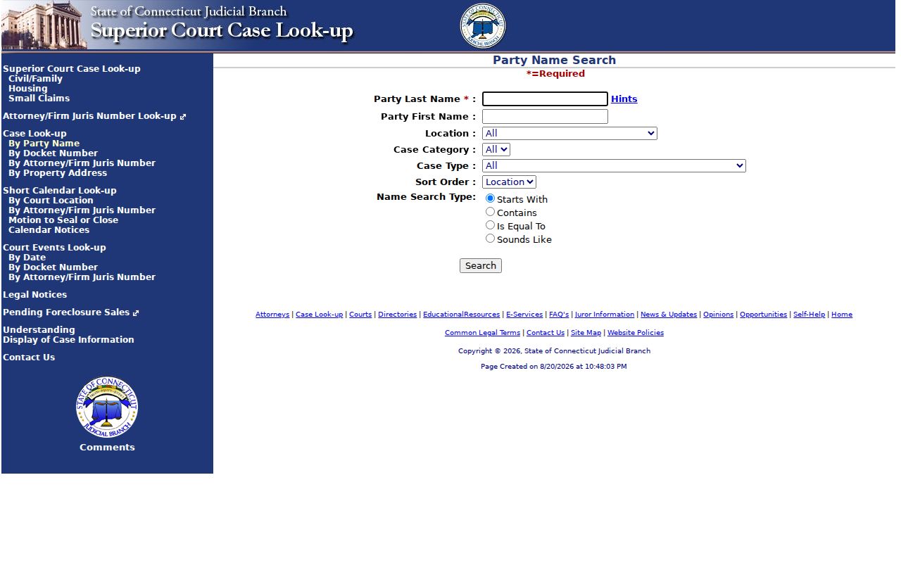 Bristol resident lookup Connecticut Judicial Branch civil party-name search