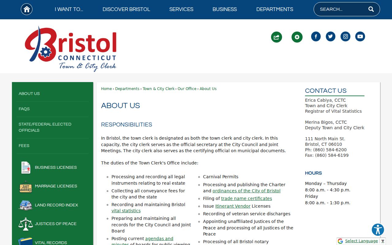 Bristol residents directory Town Clerk office and records page