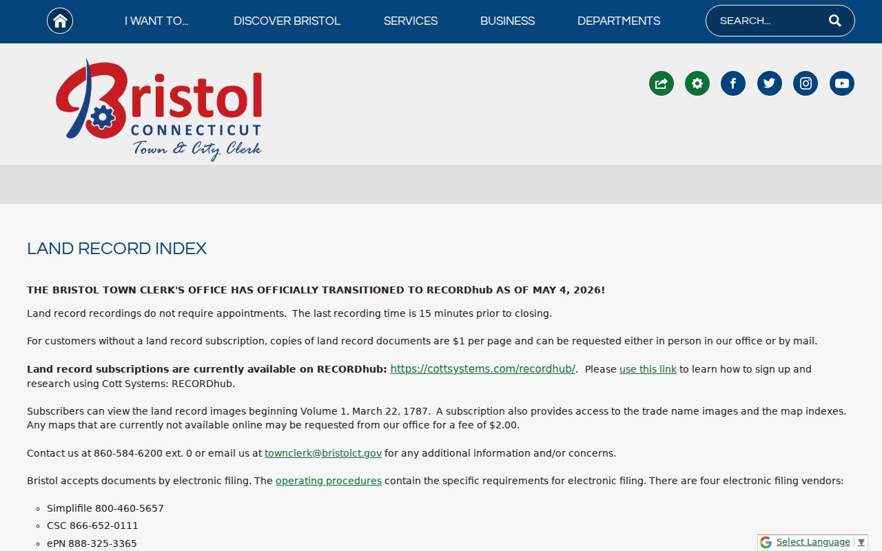 Bristol residents directory Town Clerk land-record index