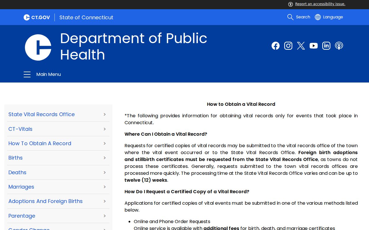 Bristol resident lookup Connecticut DPH vital-record instructions